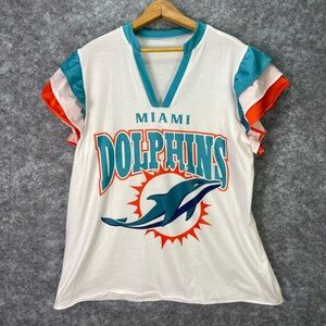 Miami Dolphins Shirt Womens Large White NFL Football V Neck Ruffle Sleeve Tee